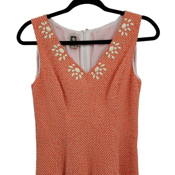 Vtg 80's Anne Klein Dress Sleeveless Shell Beaded V-neck A-line Midi Orange Sz 4 - Picture 3 of 10
